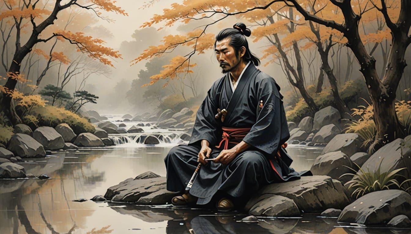 Meditating Samurai in Japanese Ink Wash Painting