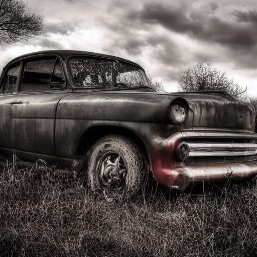 Forgotten Vintage Car in a Quarry Landscape
