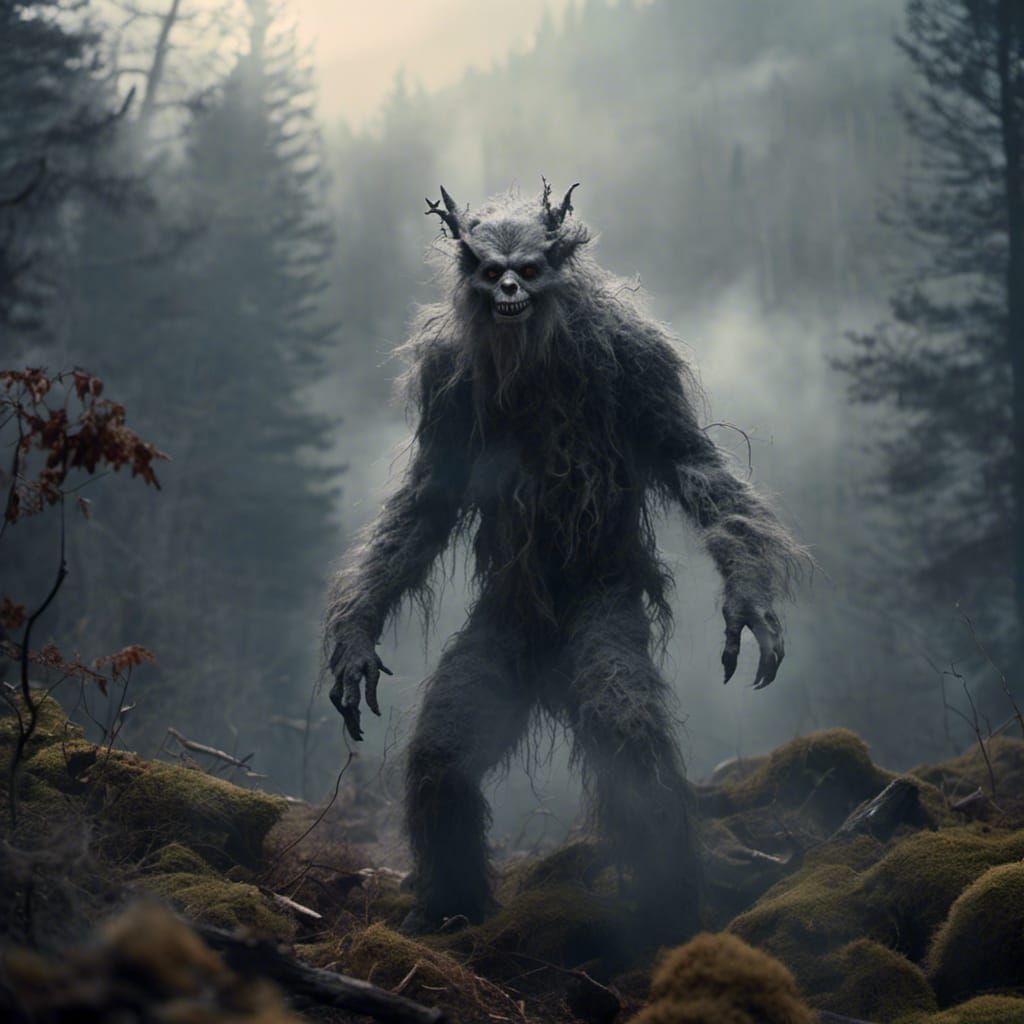 Gray Furry Monster in Smokey Mountains, Dark Fantasy