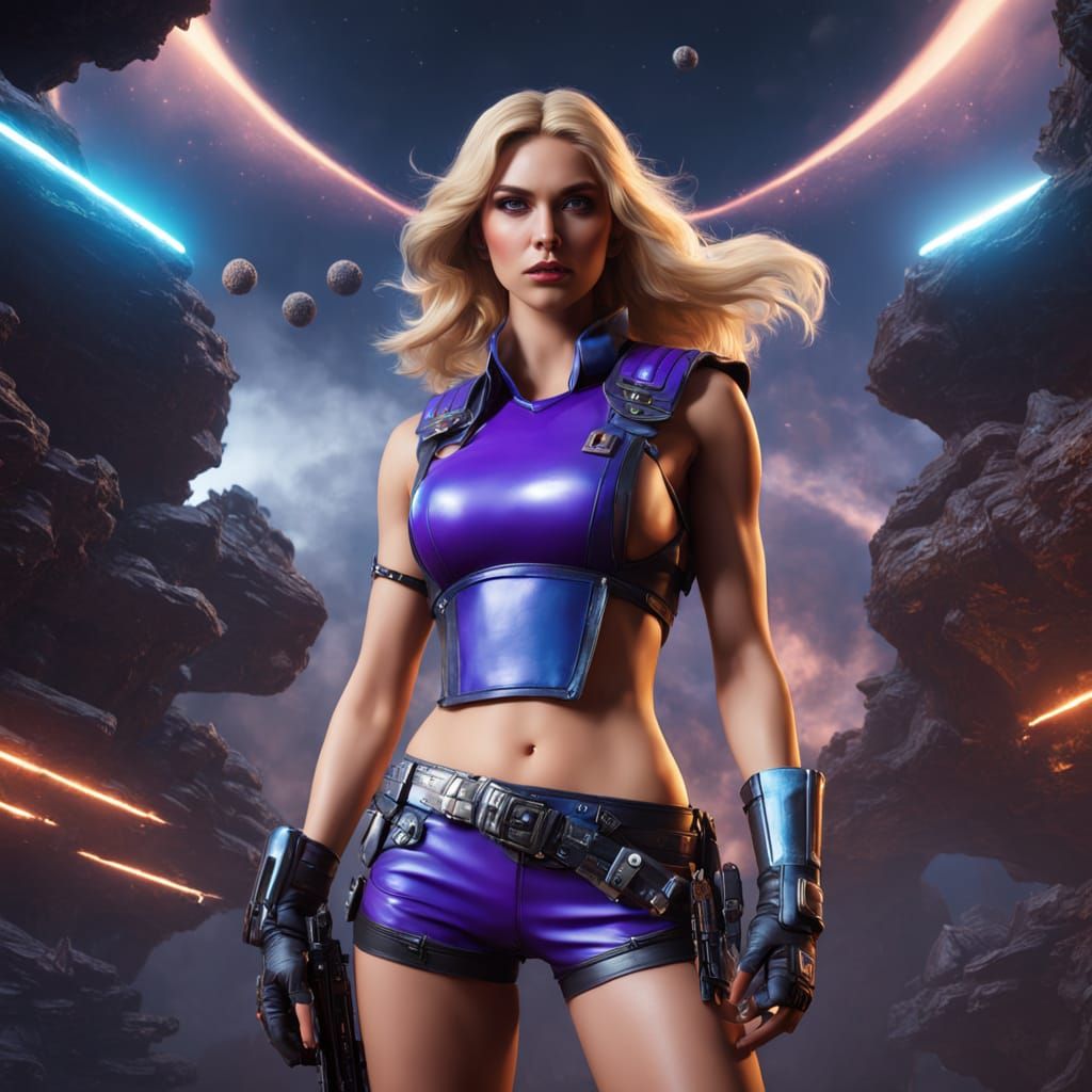 Glamorous Space Warrior Goddess in Neon Armor