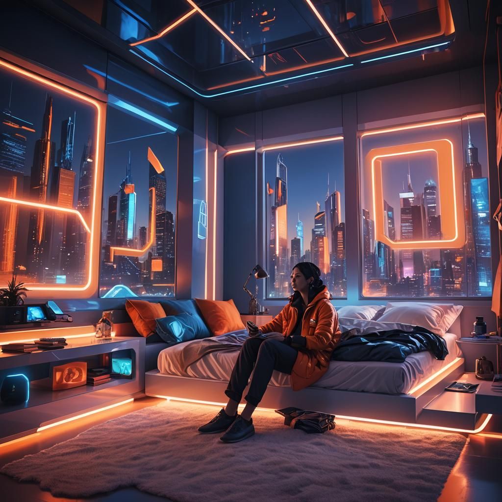 Futuristic Bedroom with Cityscape View in Vivid Digital Art