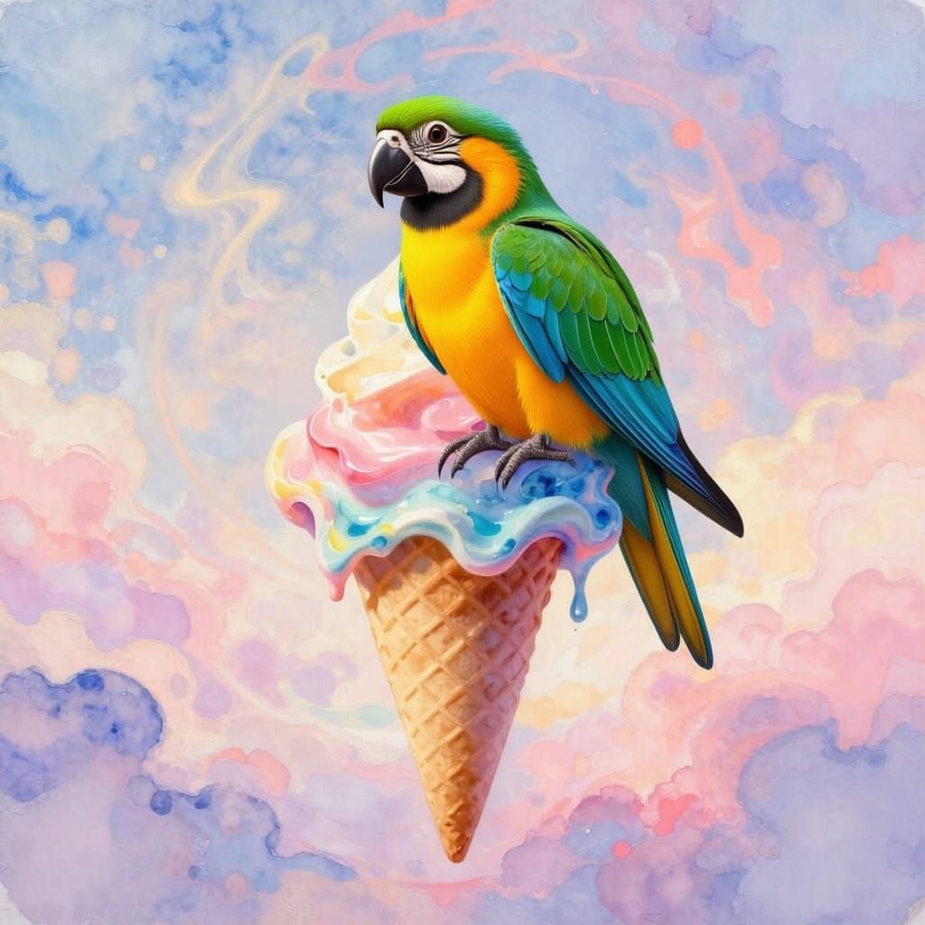 Melting Ice Cream Cones in Pastel Sky, Watercolor Impression...