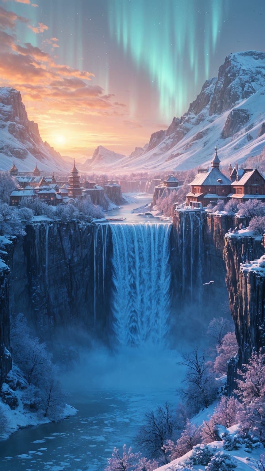 Ethereal Waterfall Scene Under Snowy Dawn