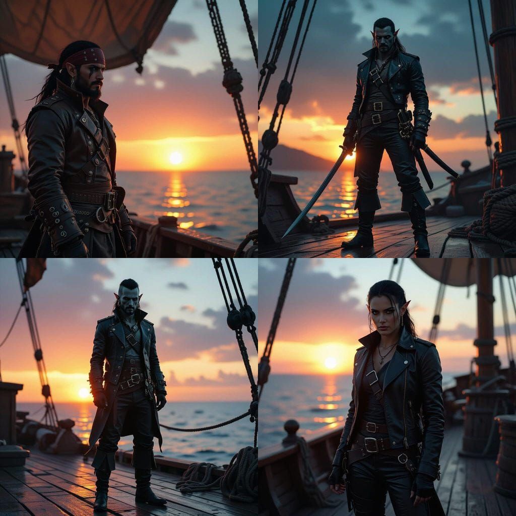 Dark Elf Pirate at Sunrise: Cinematic Film Still