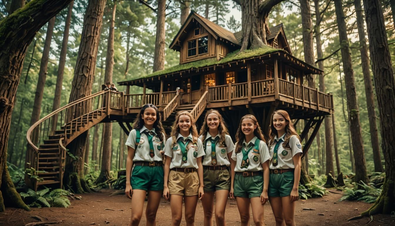 Girl Scouts at Forest Treehouse: Cinematic Film Still