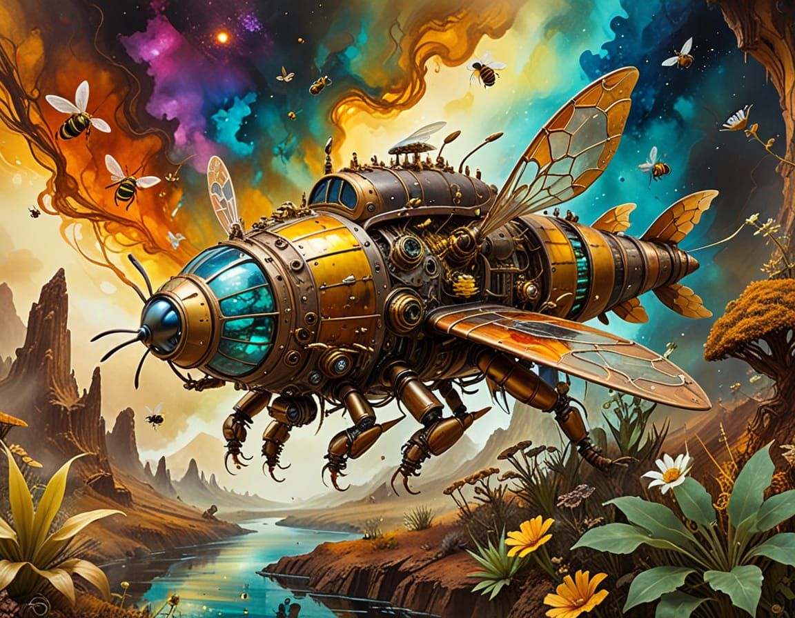 Steampunk Spaceship on Jurassic Landscape: Surrealist Painti...