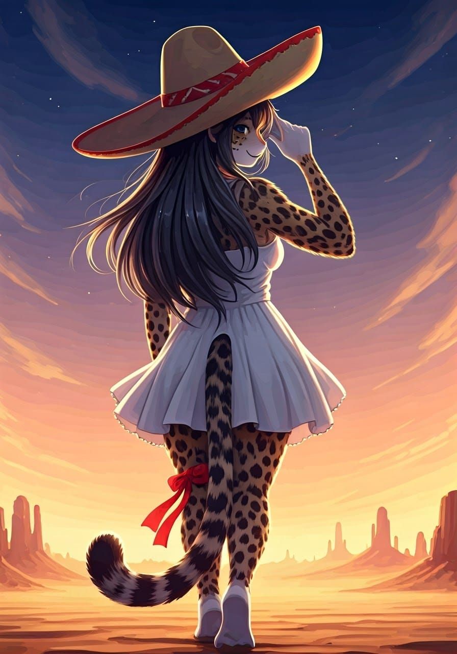 Anthropomorphic Jaguar Girl in Desert Landscape