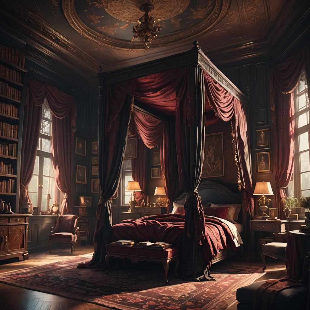 Luxurious Dark Academia Bedroom with Four-Poster Bed