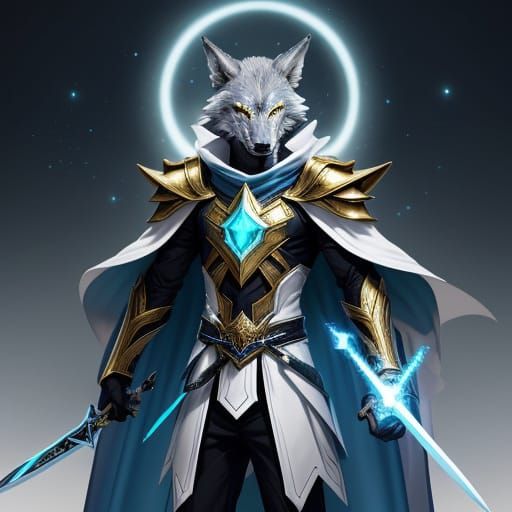 Glowing Wolf Warrior with Crystal Sword and Starlight Cape