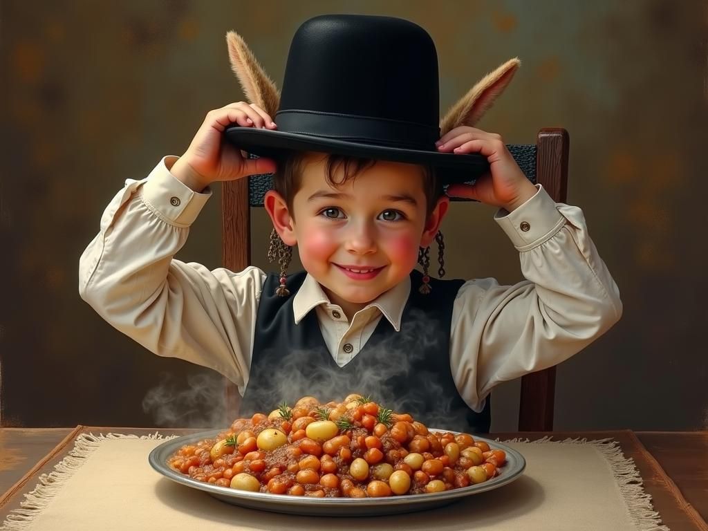 Hasidic Boy with Cholent in Folk Art Style