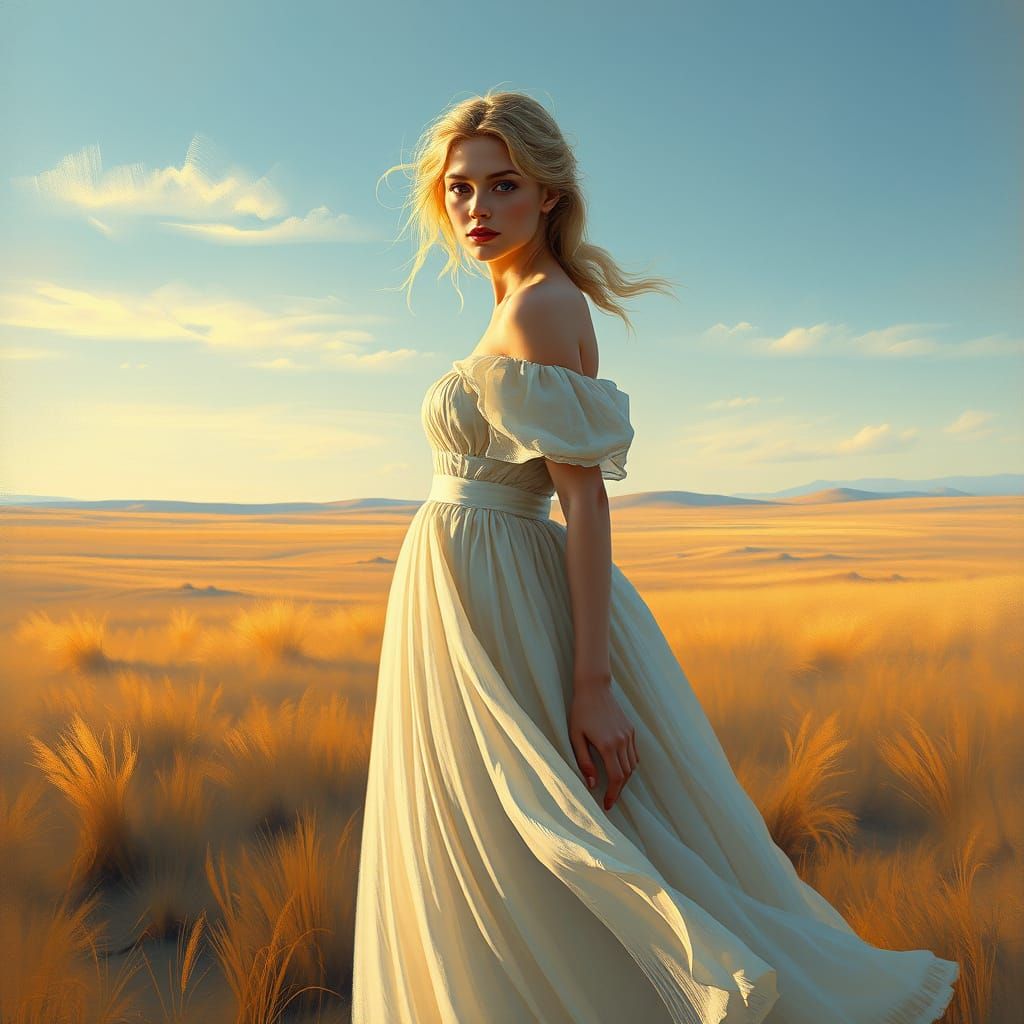 Contemplative Woman on Windswept Steppe in Impressionistic S...