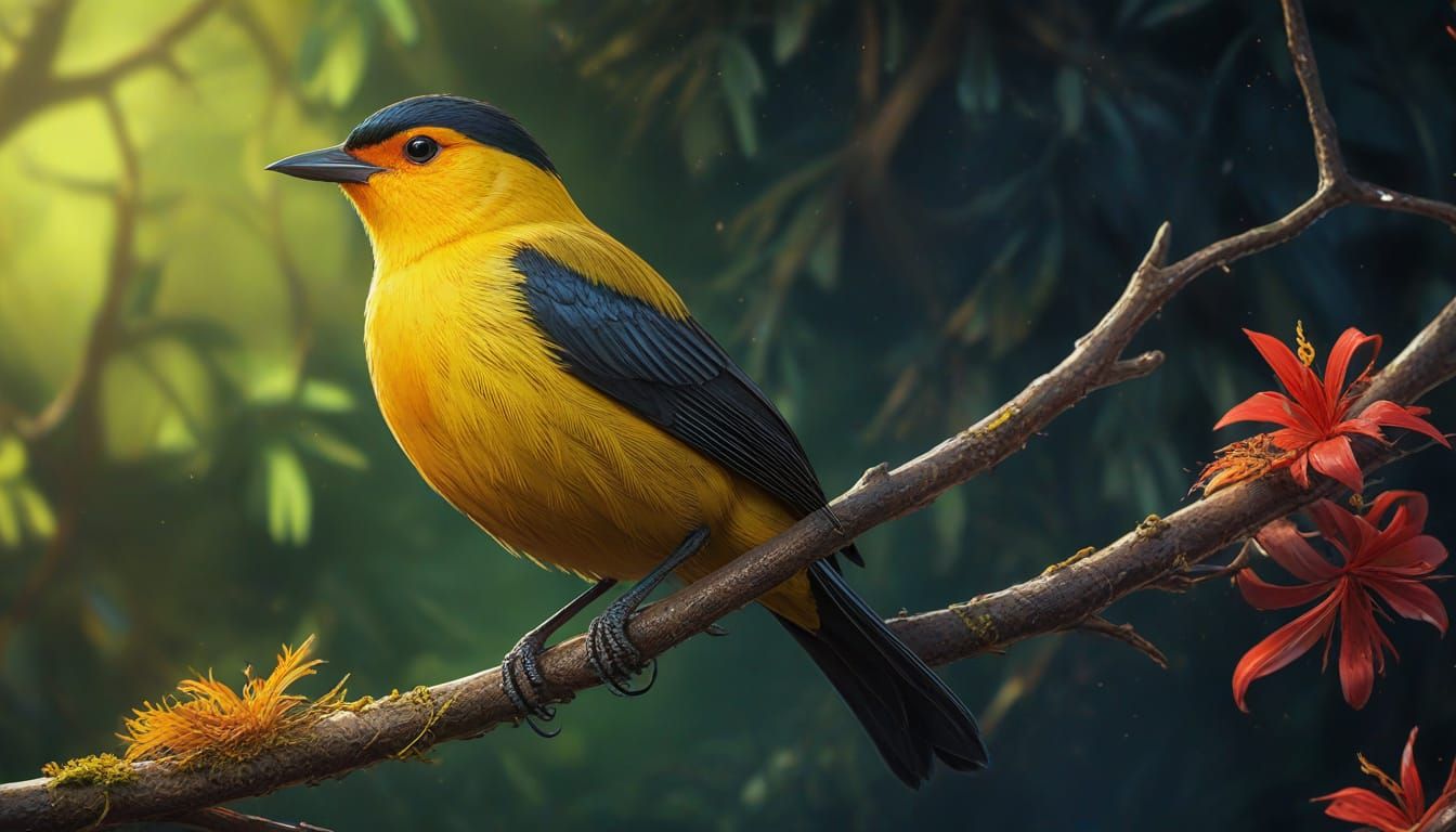 Yellow-Breasted Satinbird in Dramatic Splash Art Style