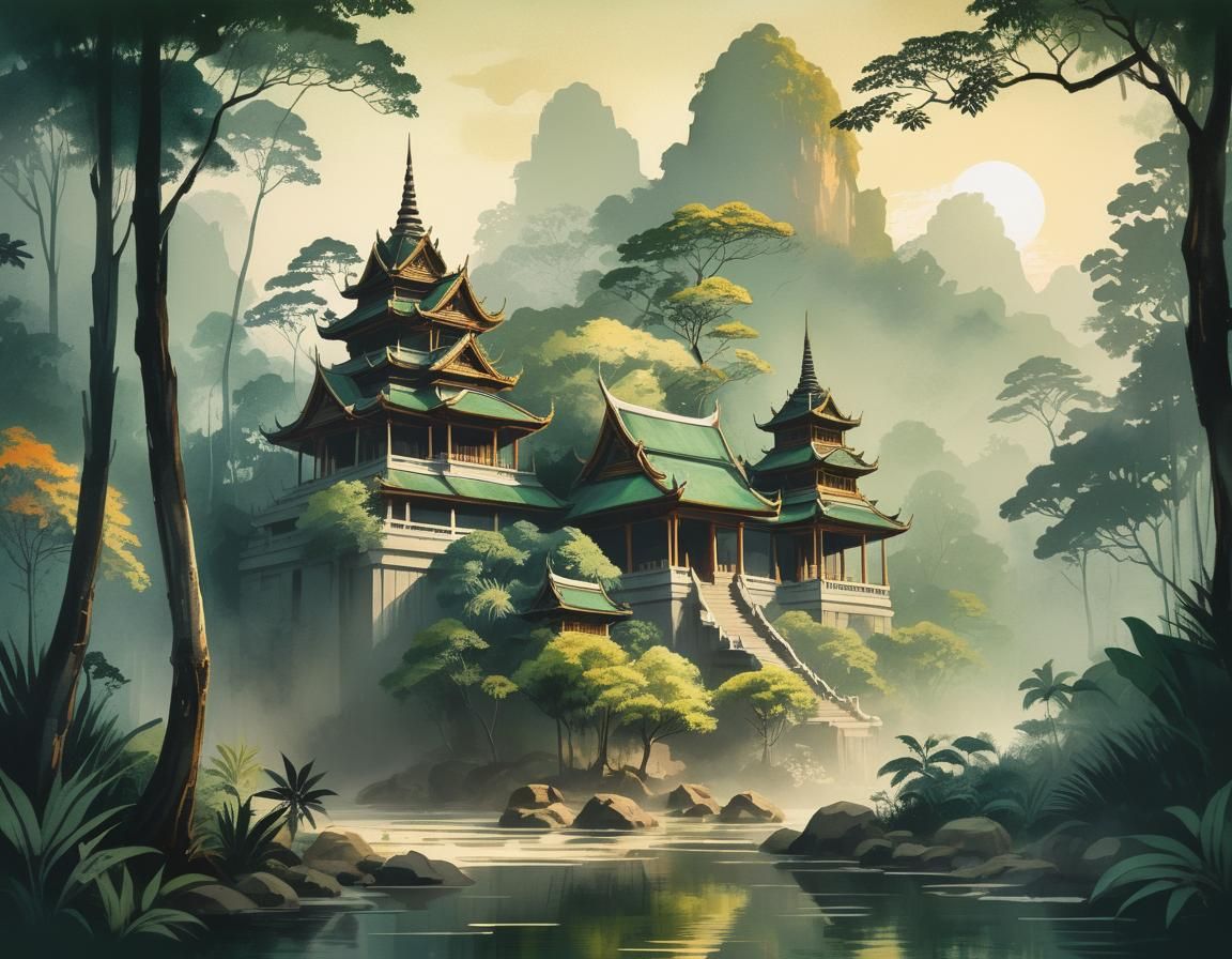 Ancient Thai Temple in Ukiyo-e Watercolor Style