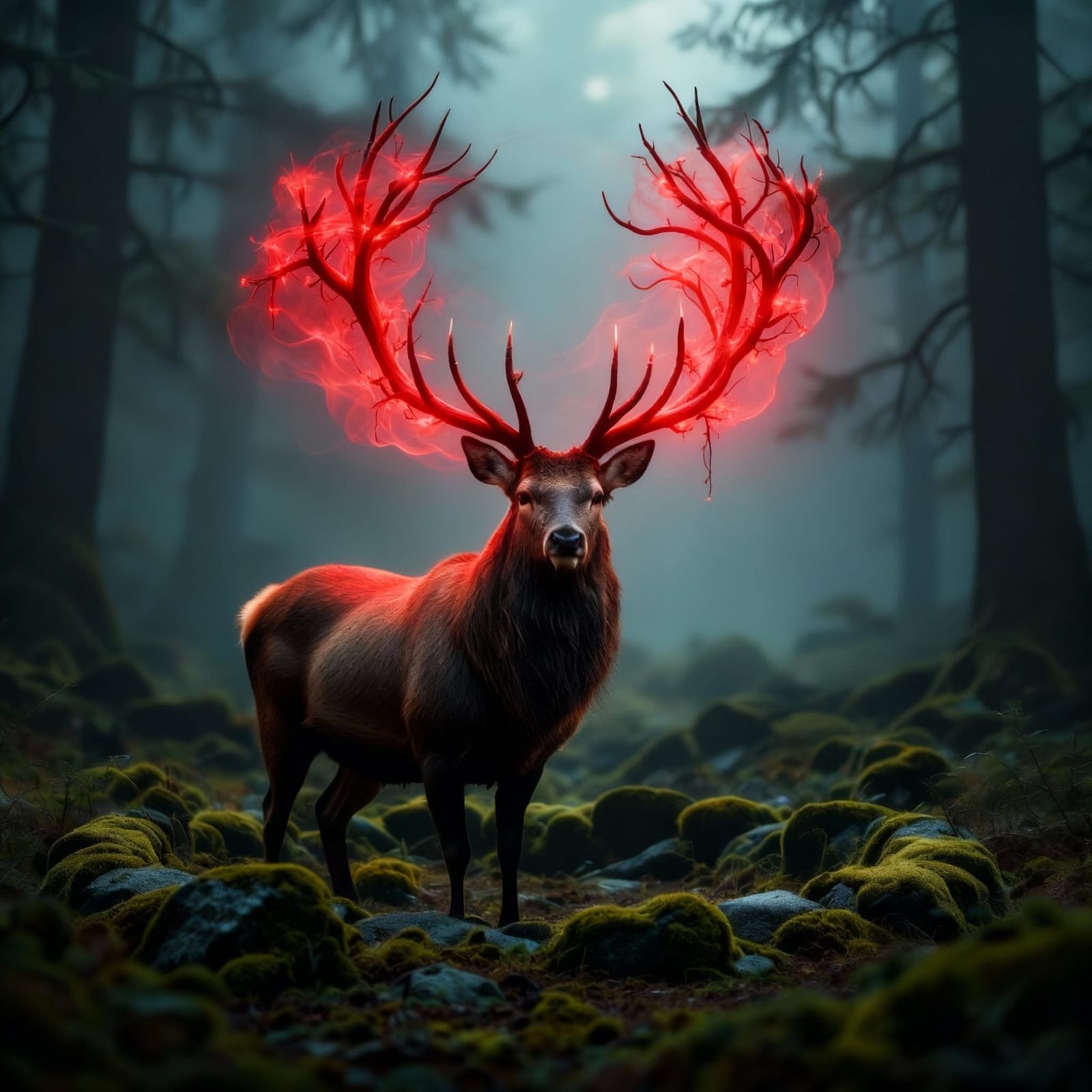 Majestic Stag with Blooming Antlers in Misty Forest