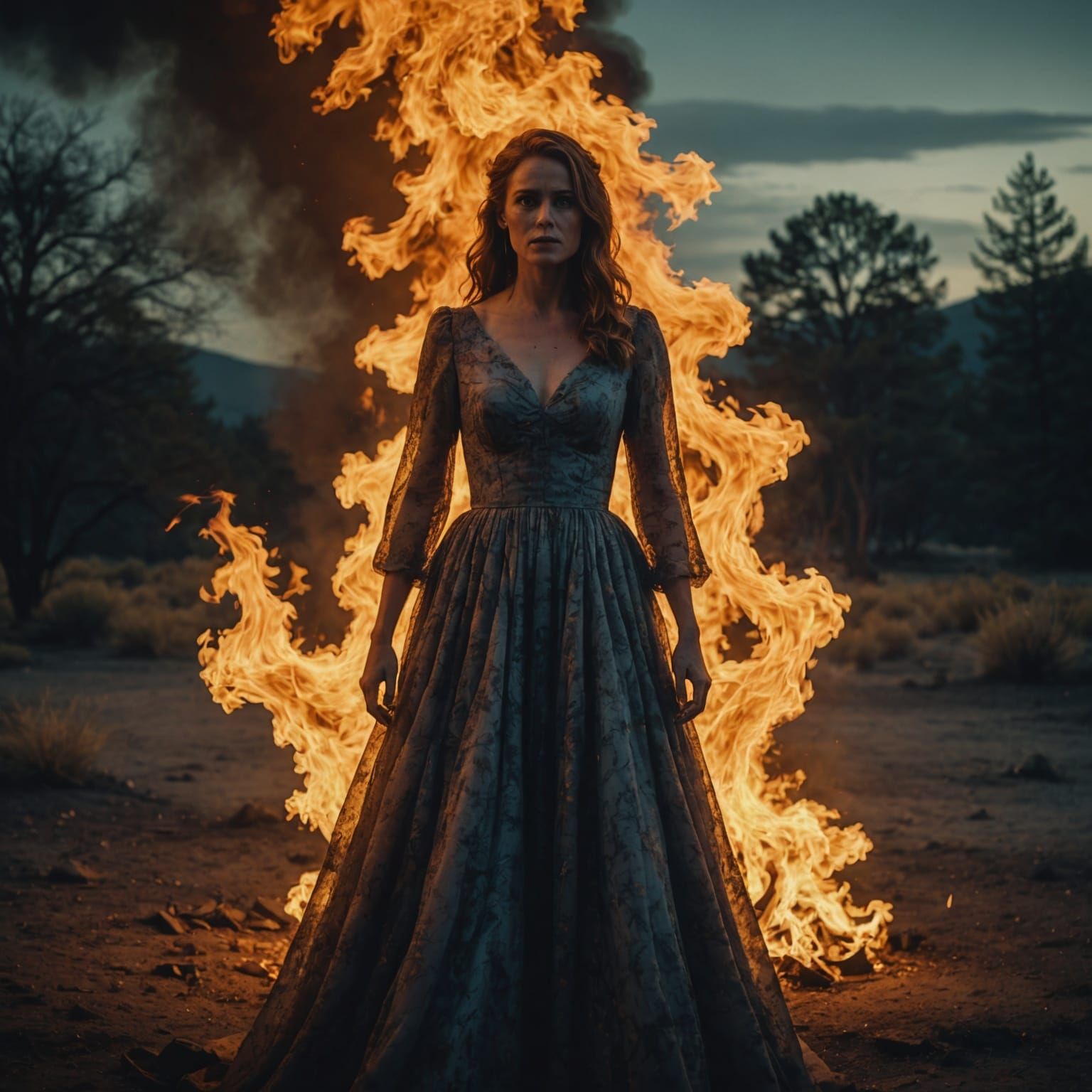 Fiery Ghost and Woman in Flames: Cinematic Still