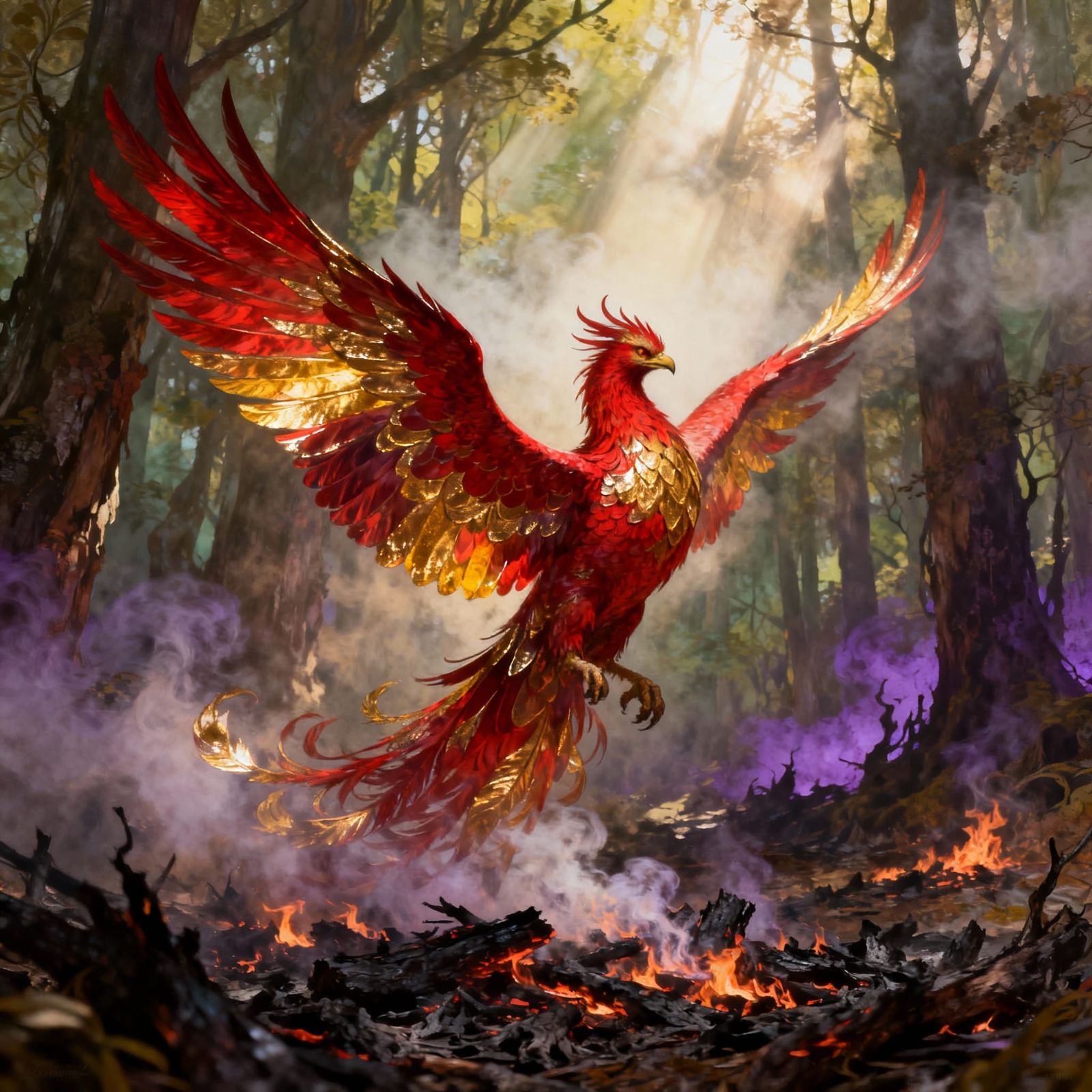 Majestic Phoenix Rises from Smoldering Forest in Fantasy Art
