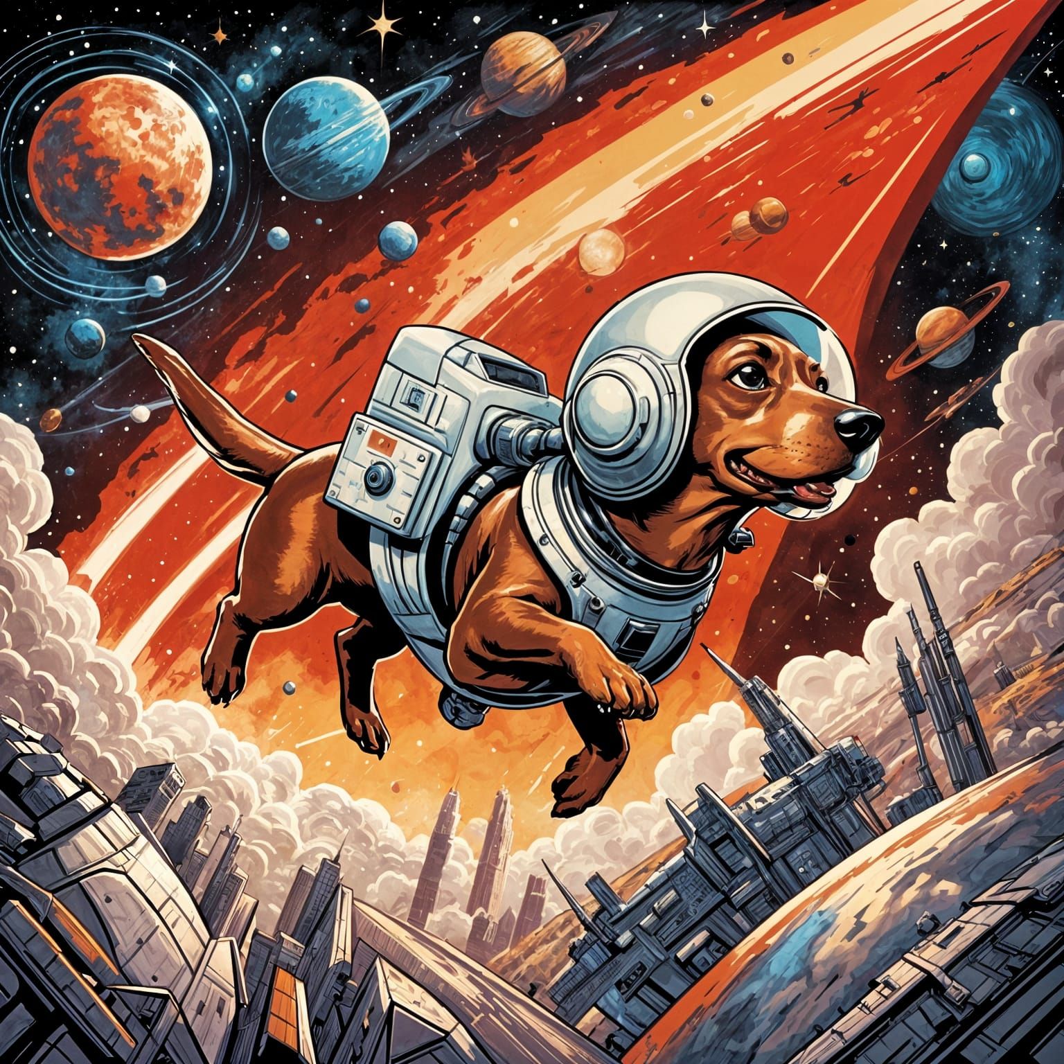Dachshund Cosmonaut Soaring Through Space in Soviet Art