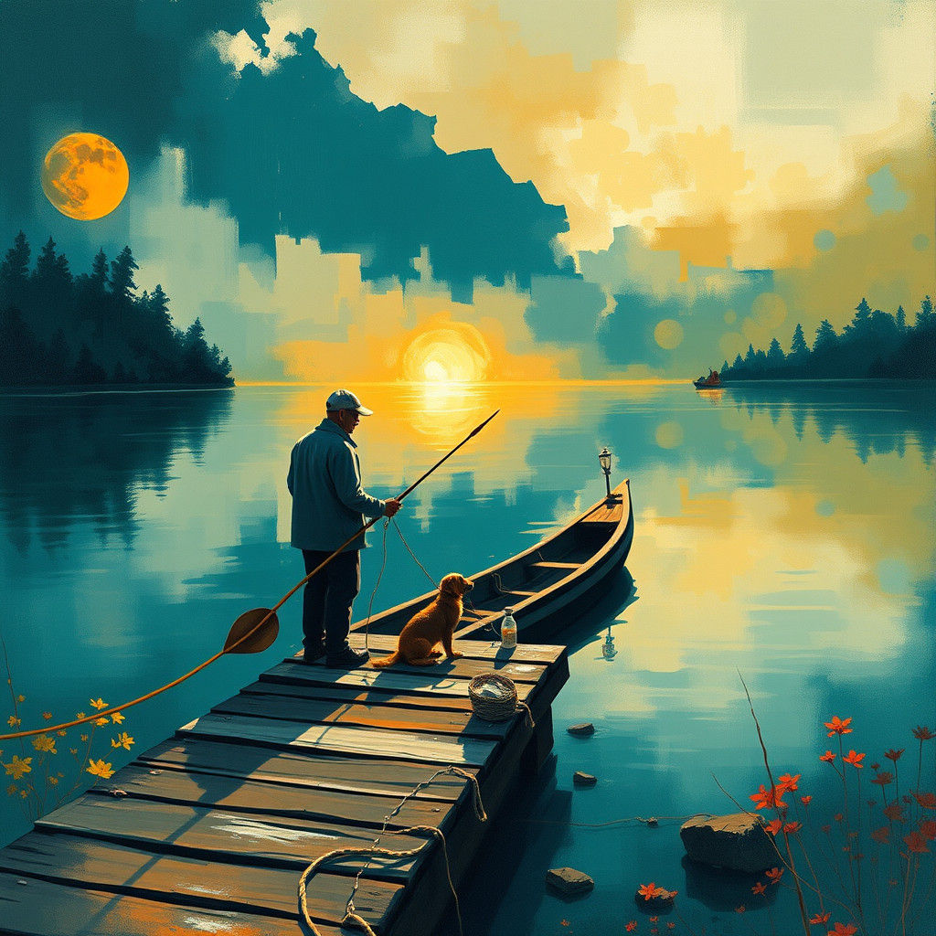 Fisherman and Dog by Lake in Abstract Art