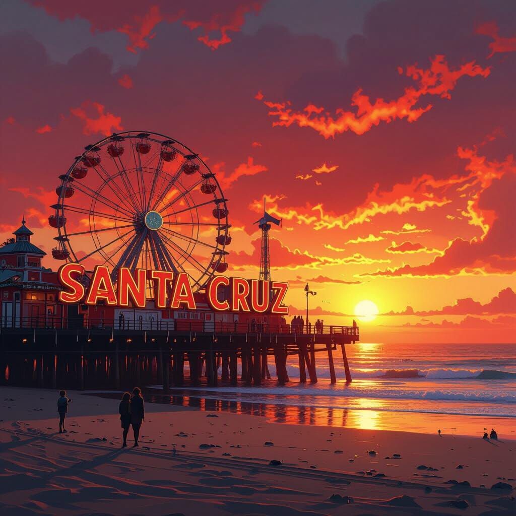 1950s Santa Cruz Boardwalk Sunset: Matte Painting Style