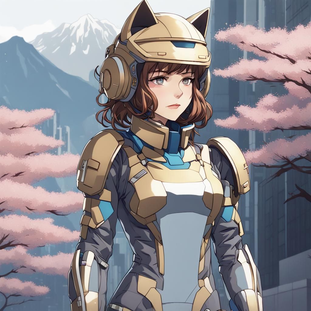 Futuristic Neko Woman in Sakura Landscape