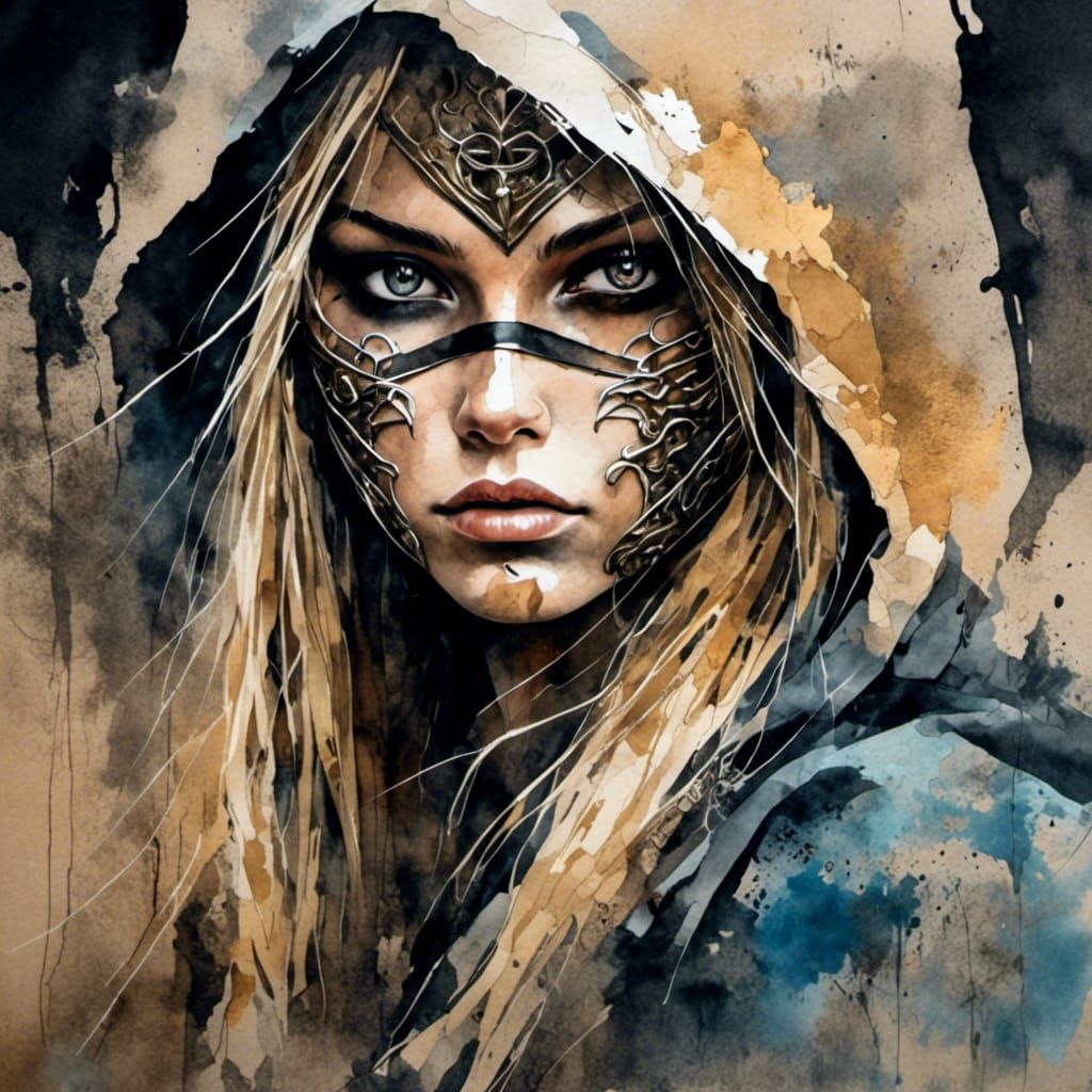 Female Ninja Portrait as Impasto Watercolor