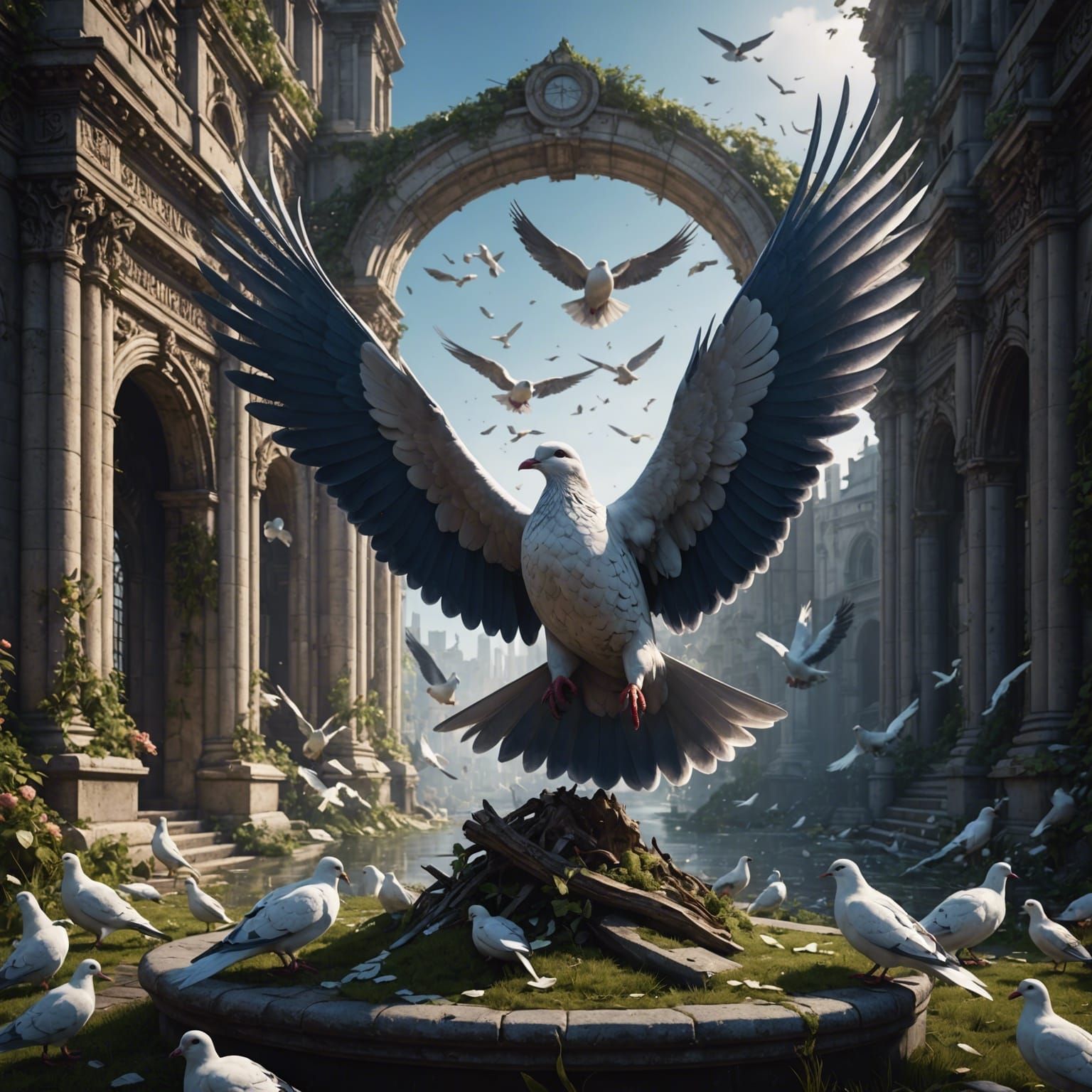 Fantastical Memorial Doves in Detailed Matte Painting