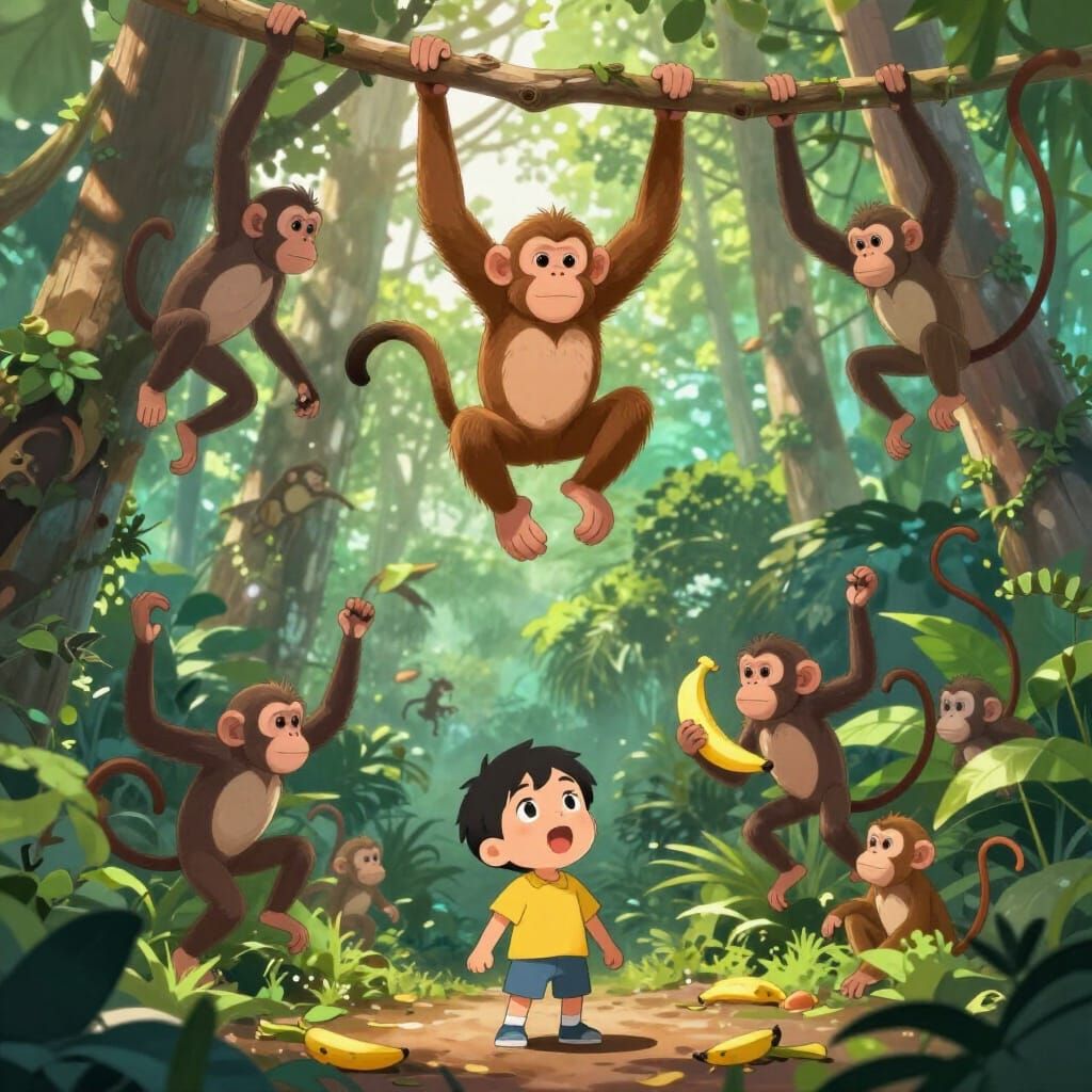 Anime Jungle Scene: Amazed Child Watches Diverse Monkeys