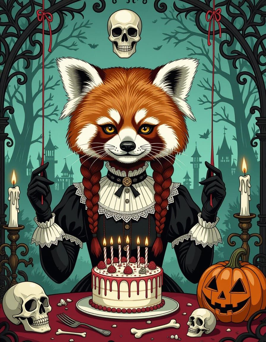 Wednesday Addams as a Red Panda in Macabre Portrait