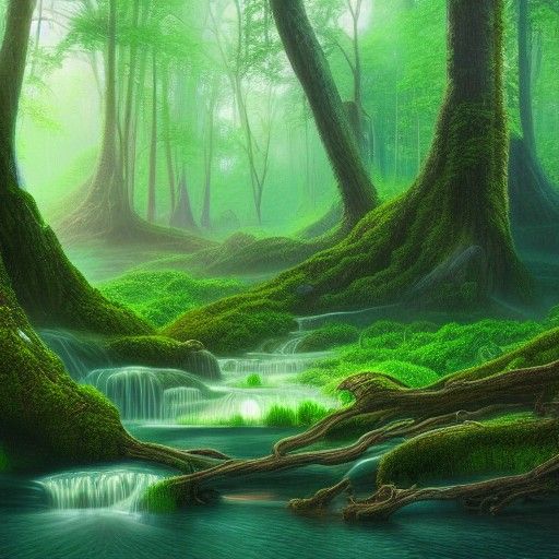 Enchanted Forest with Crystal Waters: Fantasy Art