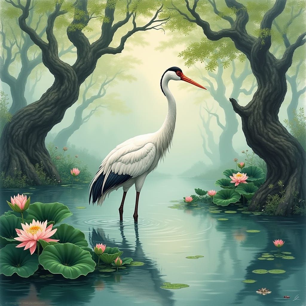 Serene Japanese Swamp Scene in Traditional Gouache Style