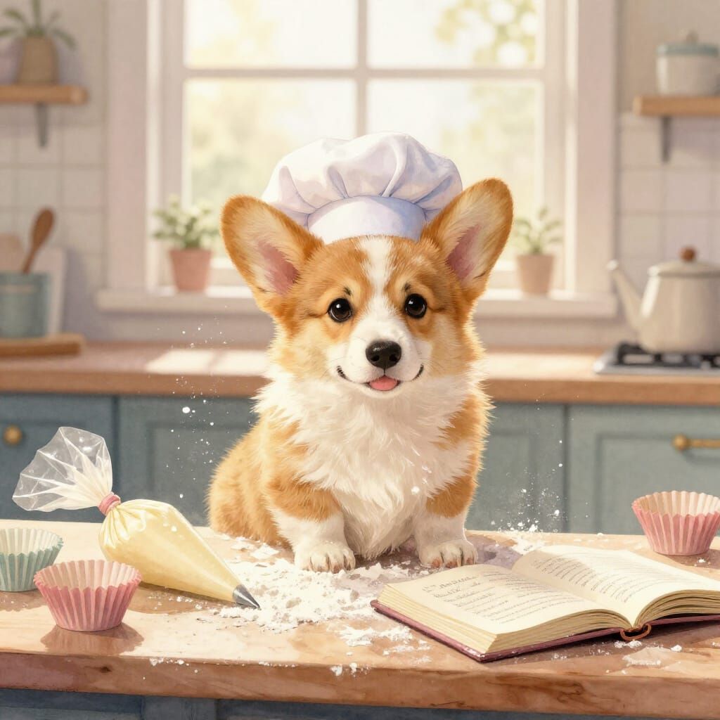 Fluffy Corgi Puppy in Baker Hat at Messy Kitchen Counter