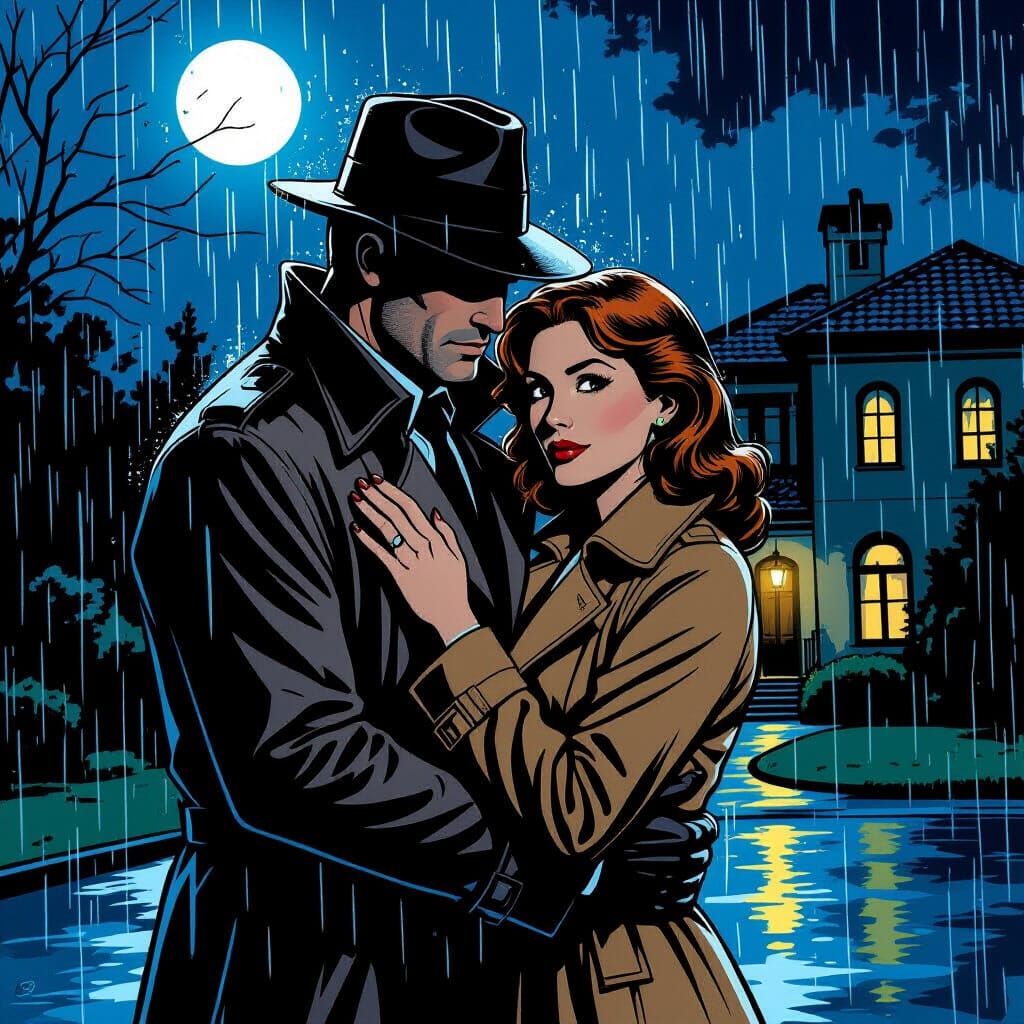 Noir Detective Embracing Woman in Rainy California Night
