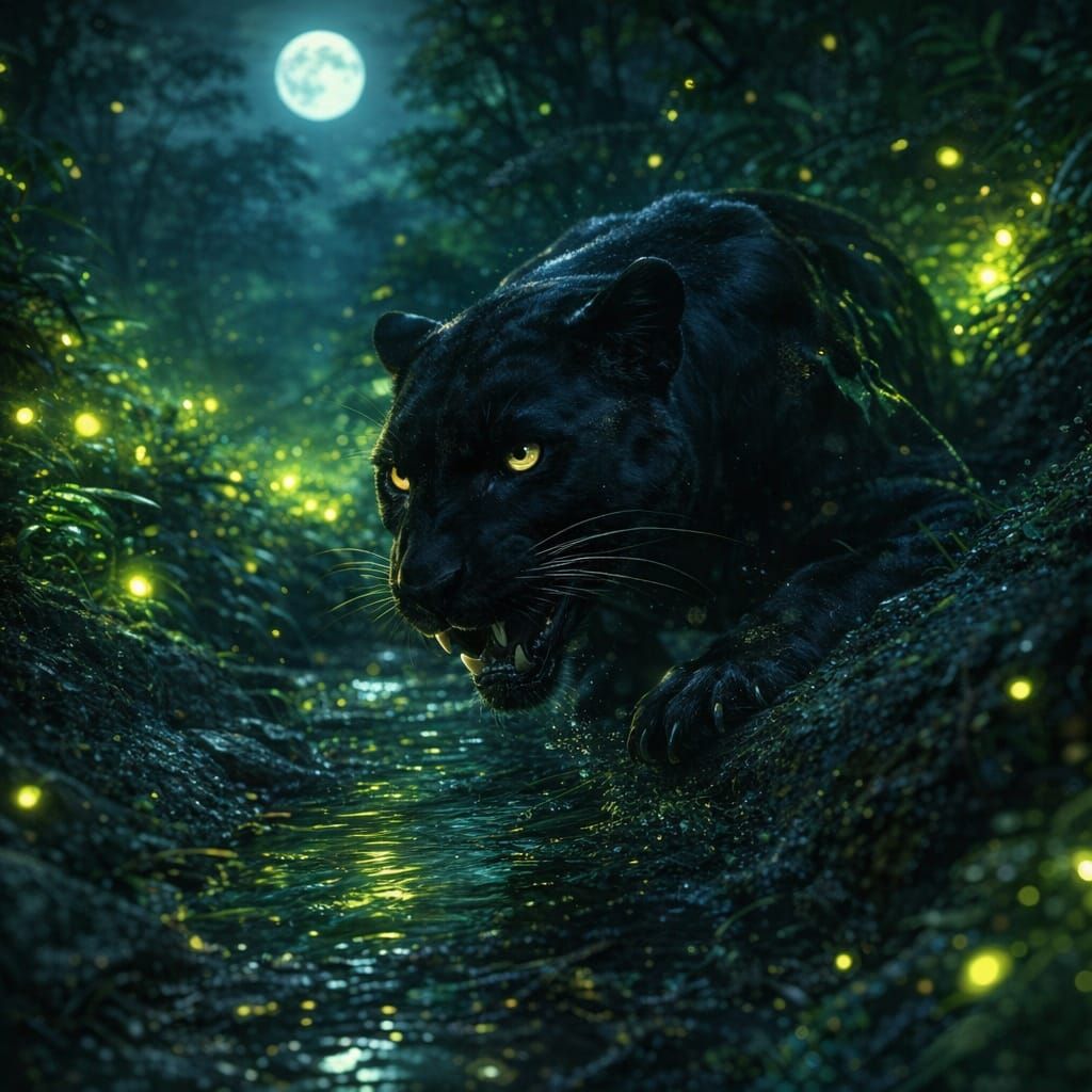 Black Panther Hunts in Moonlit Ditch, Hyperrealistic Digital...