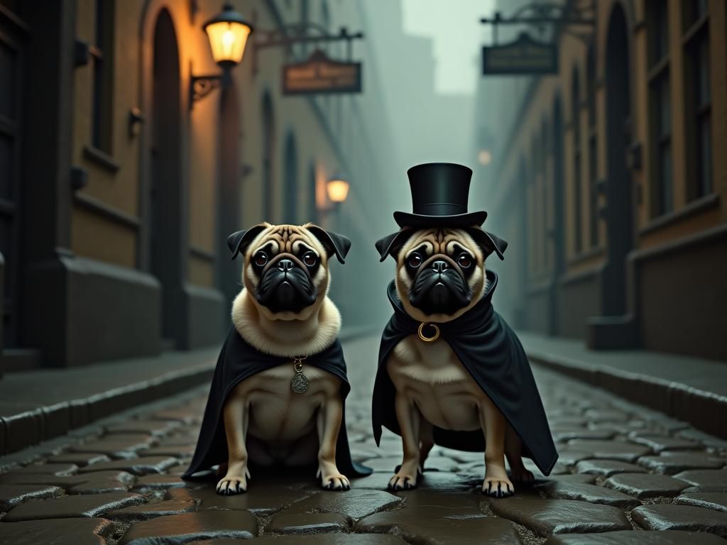 Pugs in a Spooky Victorian Alley, Realistic Style