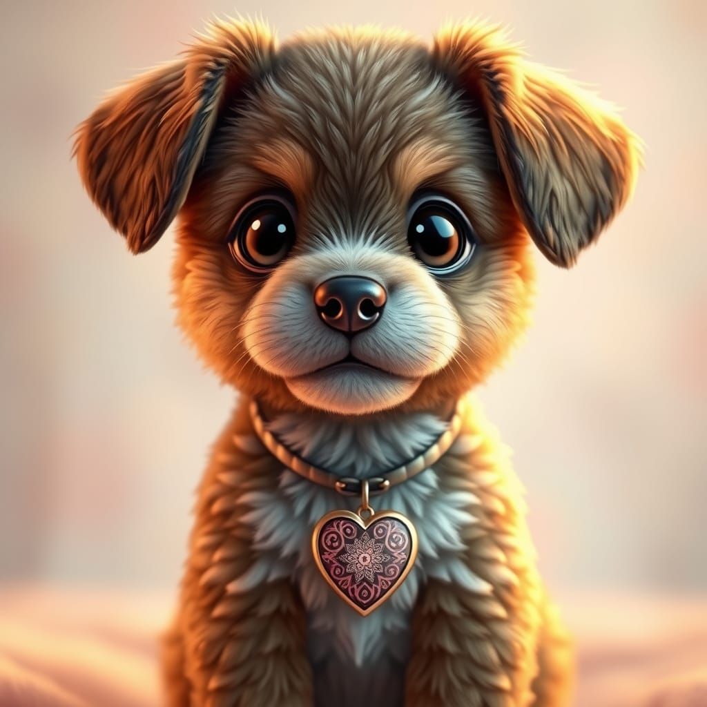 Surreal Chibi Puppy with Heart-Shaped Pendant in Soft Focus