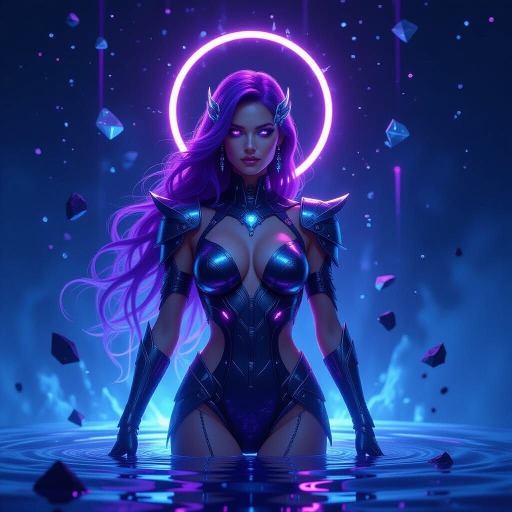 Celestial Techno-Diva Emerging from Liquid Starlight