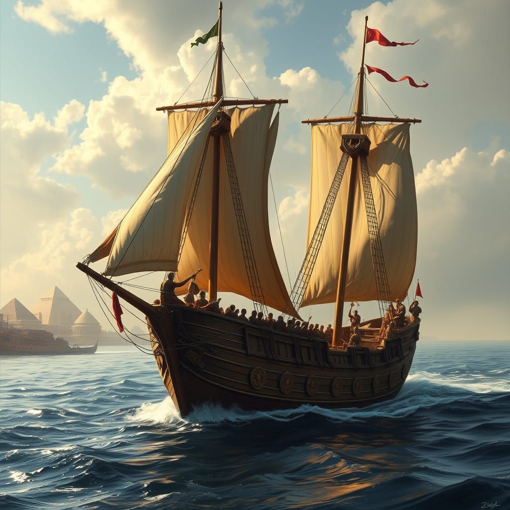 Phoenician Ship on the Nile in Matte Painting Style