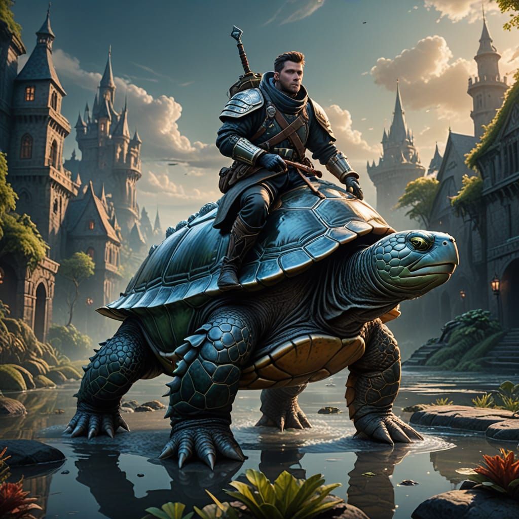 Warrior Soldier Rides Turtle in Fantasy Realm