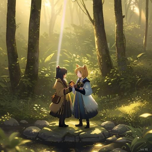 Girl and Wolf in Mystical Forest, 3D Anime Art