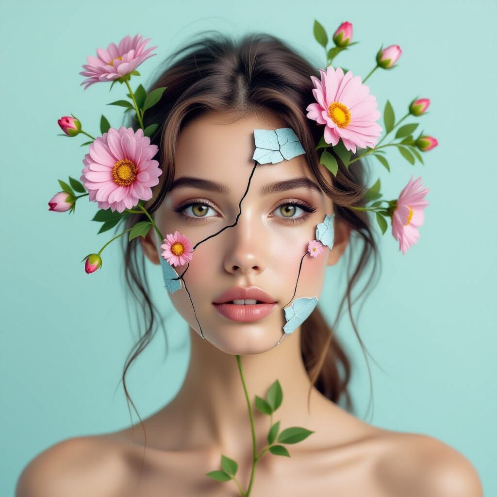 Girl and Flowers Double Exposure in Minimalist Flat Design