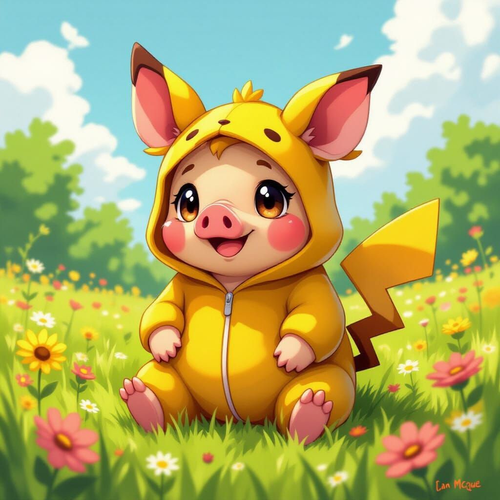 Whimsical Pikachu Pig Hybrid in Sunny Meadow