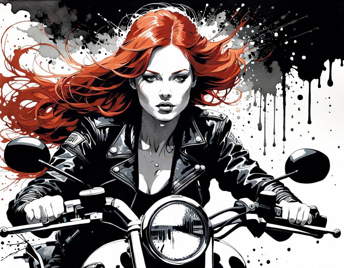 Redhead Motorcycle Rider in Ink Splatter Portrait