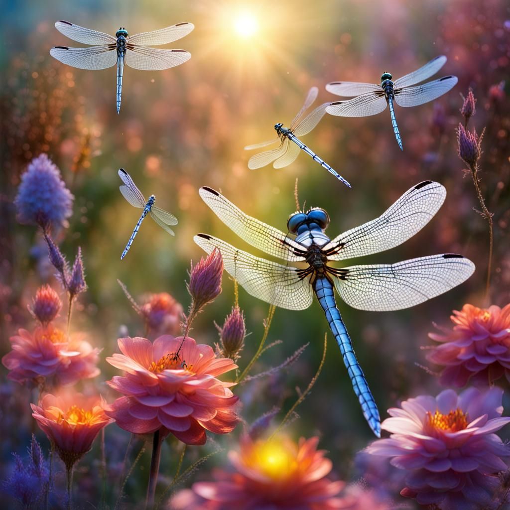 Dragonflies in a Glittering Flower Garden