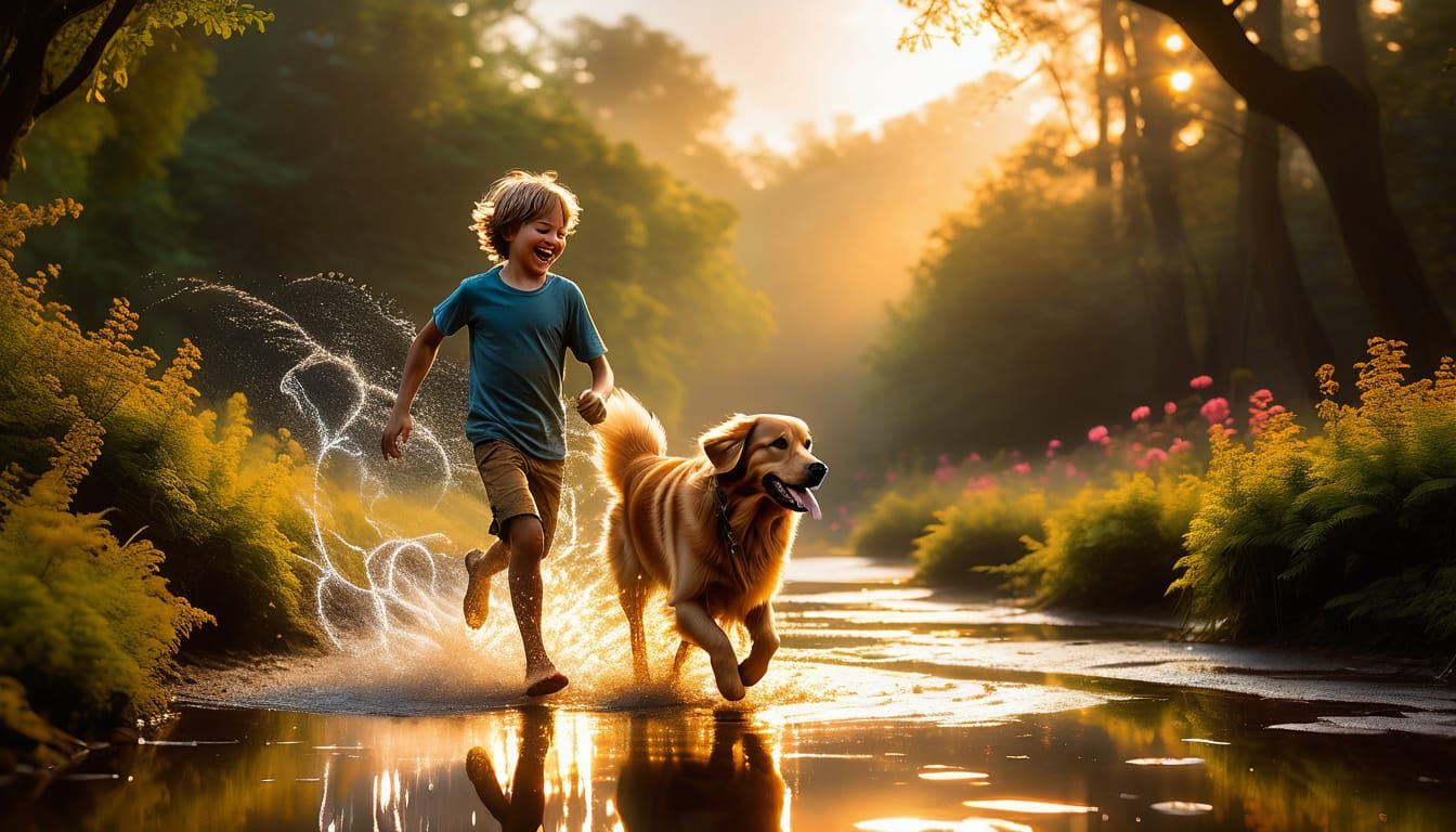 Boy and Dog Sprint Through Liquid Light