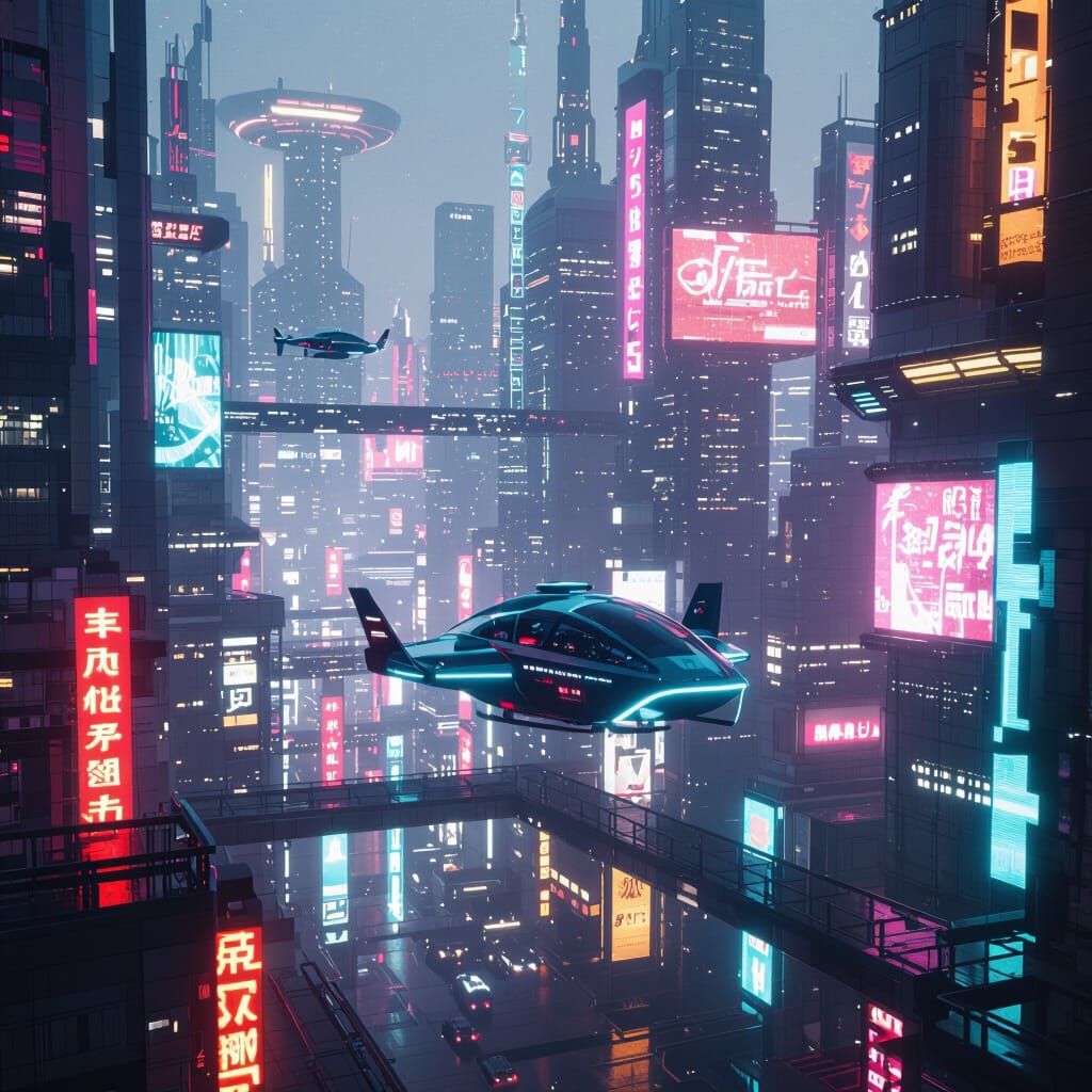 Minimalist Futuristic Cityscape with Neon Air Taxis