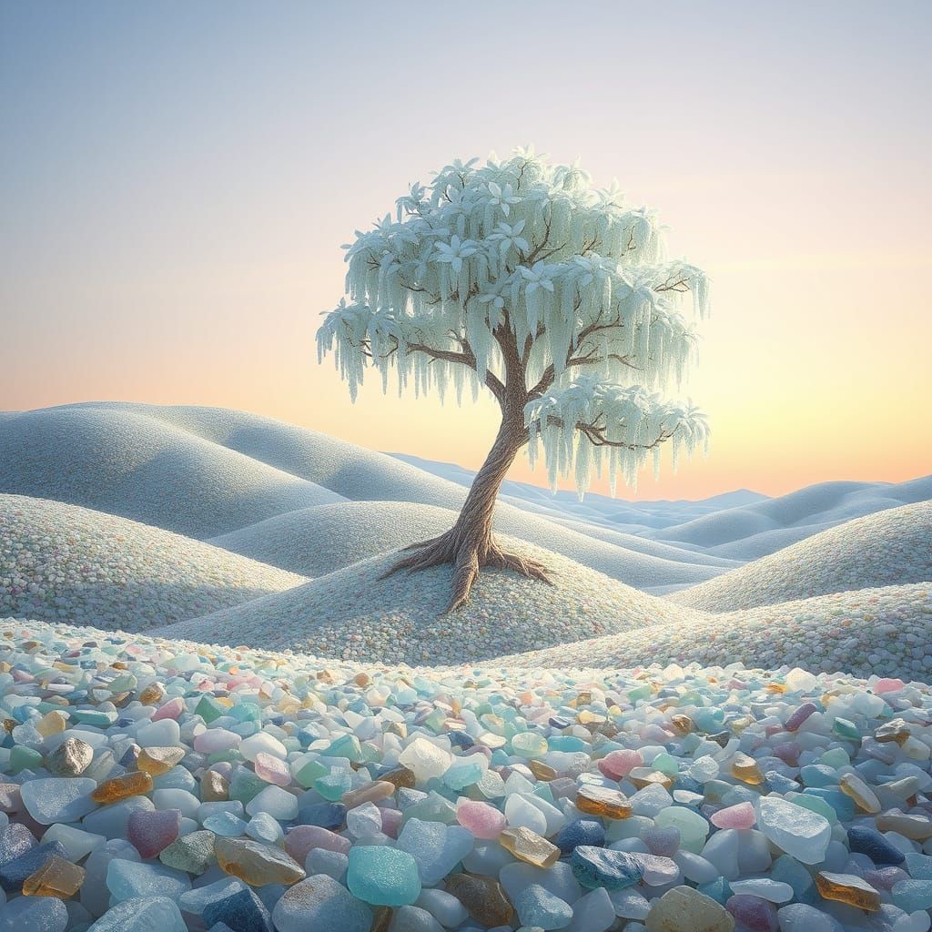 Surreal Sea Glass Landscape with Crystal Tree