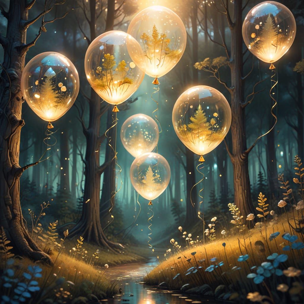 Glowing Forest with Translucent Balloons: Whimsical Illustra...