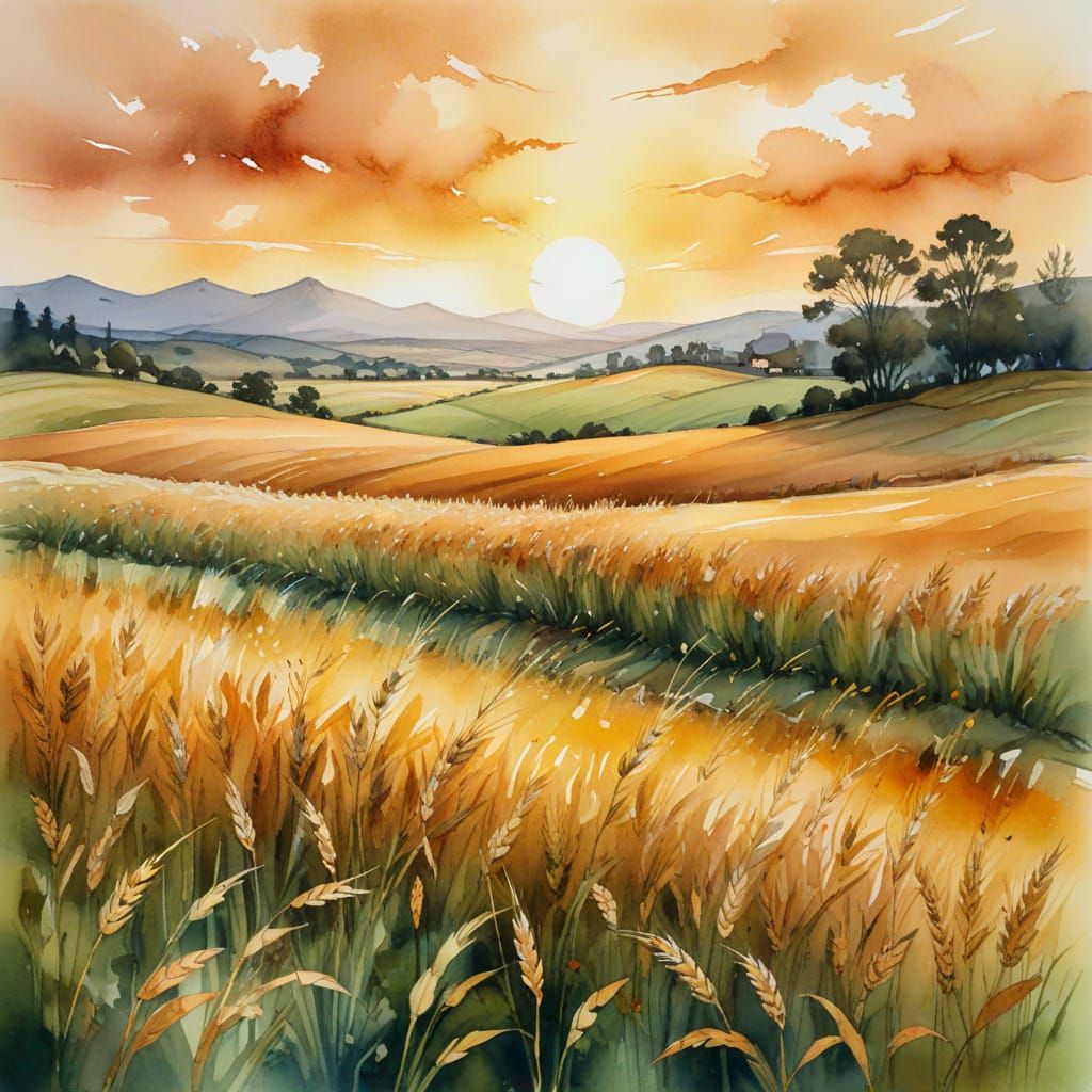 Golden Wheat Fields in Watercolor Impressionism