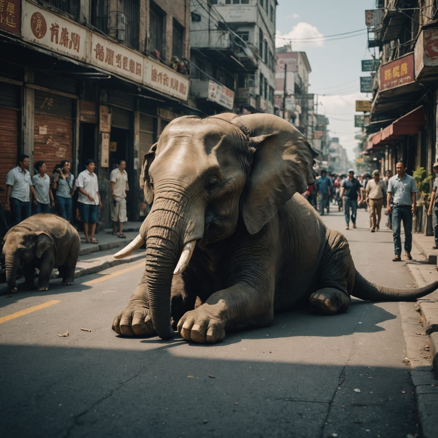 Dog Naps on Elephant in Busy Street: Cinematic Still