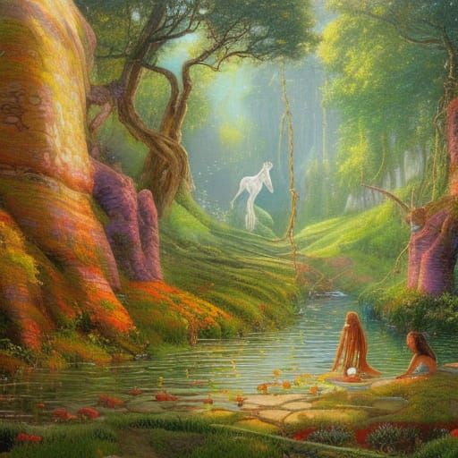 Fantasy Landscape Oil Painting with Unicorns and Elves